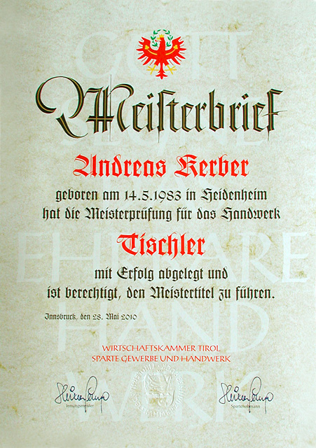 Meisterbrief Andreas Kerber